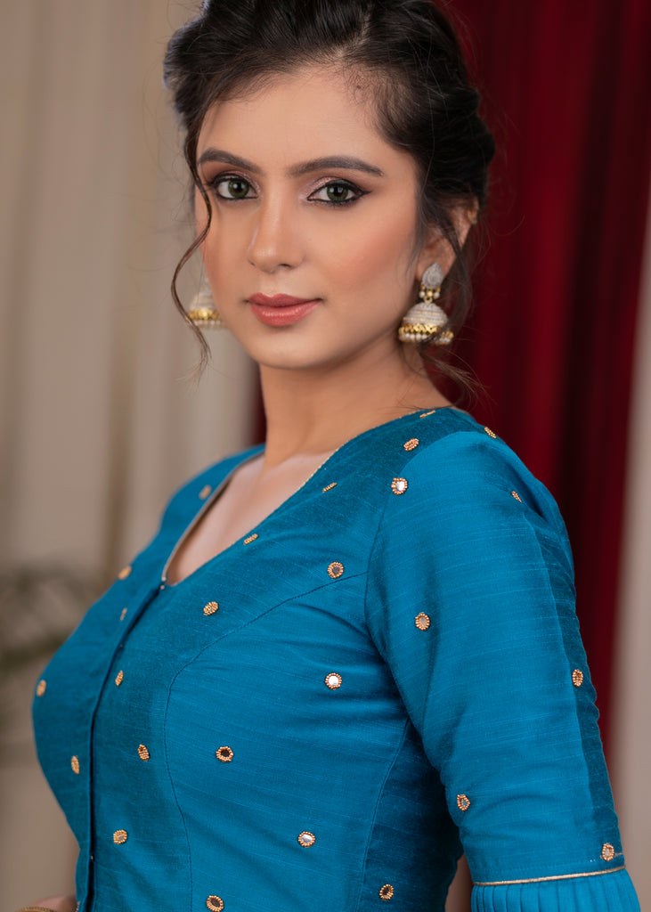 Elegant Azure blue cotton silk blouse with overall mirror embroidery