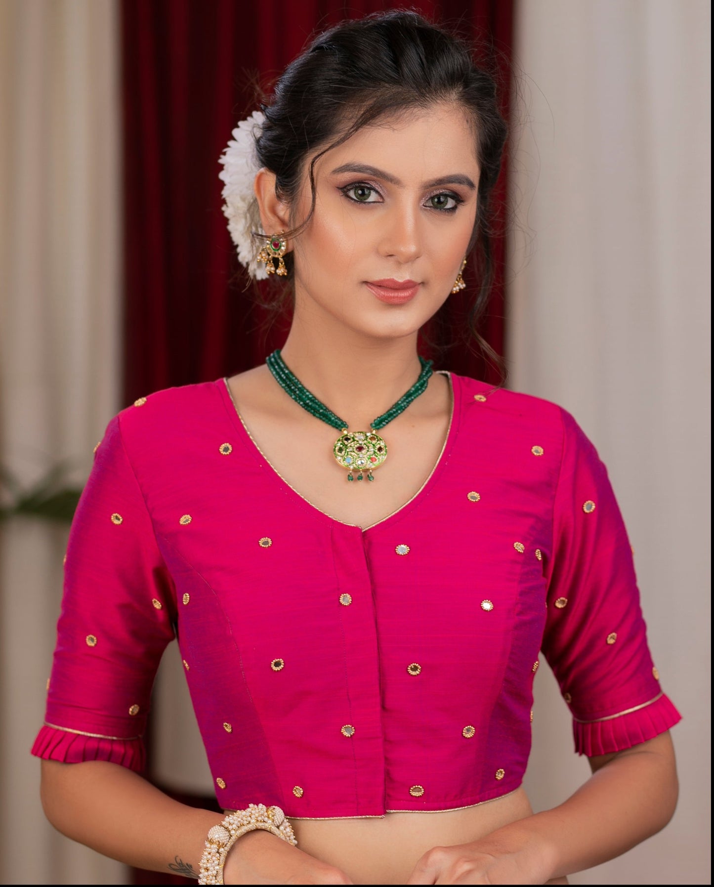 Beautiful magenta pink cotton silk blouse with overall mirror embroidery