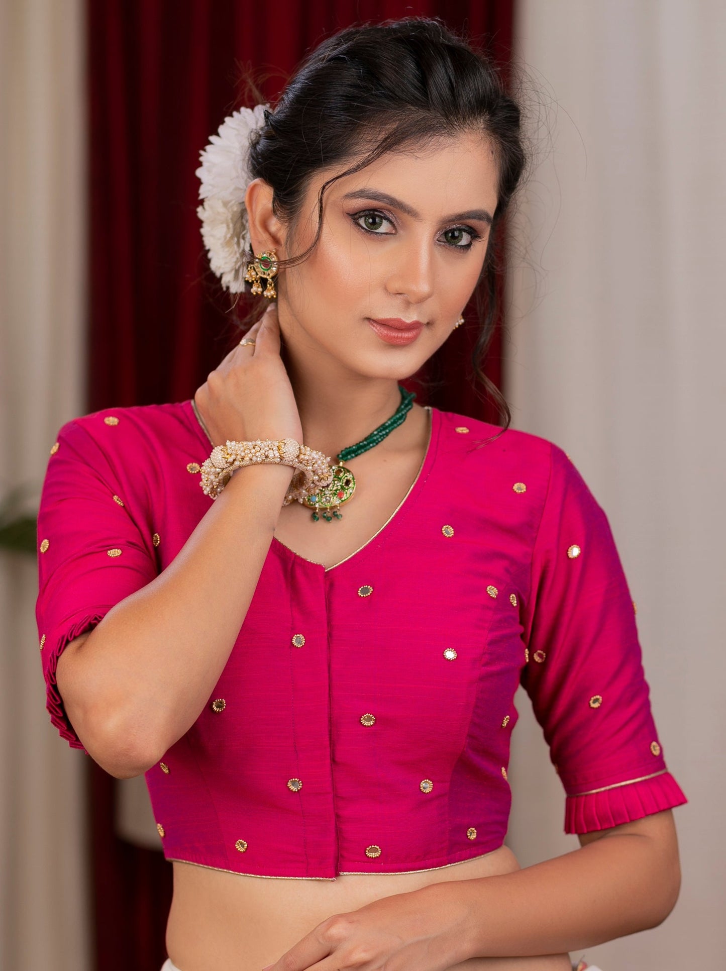 Beautiful magenta pink cotton silk blouse with overall mirror embroidery
