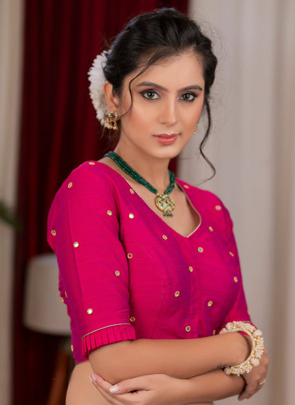 Beautiful magenta pink cotton silk blouse with overall mirror embroidery