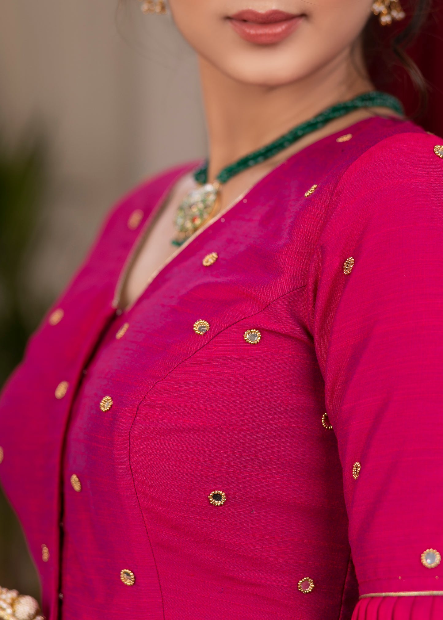 Beautiful magenta pink cotton silk blouse with overall mirror embroidery