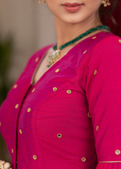 Beautiful magenta pink cotton silk blouse with overall mirror embroidery