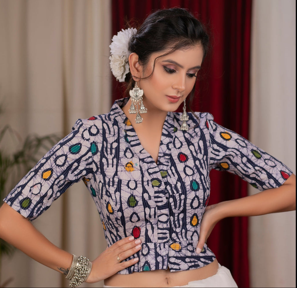 Trendy indigo katha line work blouse with collar neck