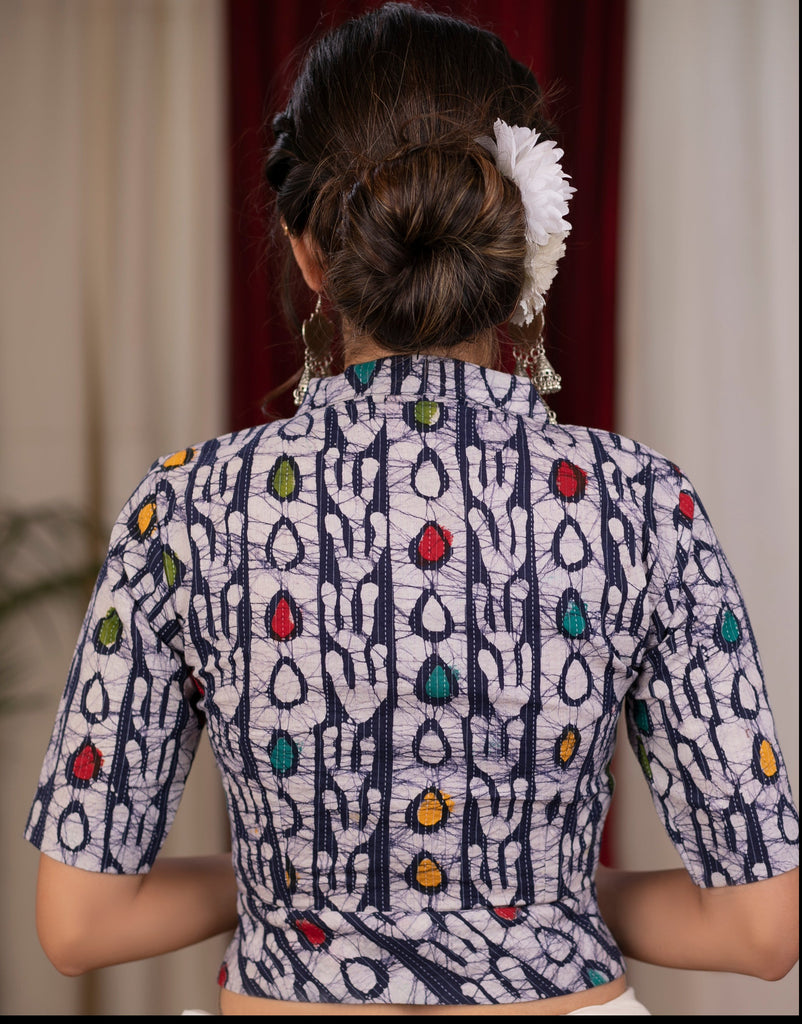 Trendy indigo katha line work blouse with collar neck