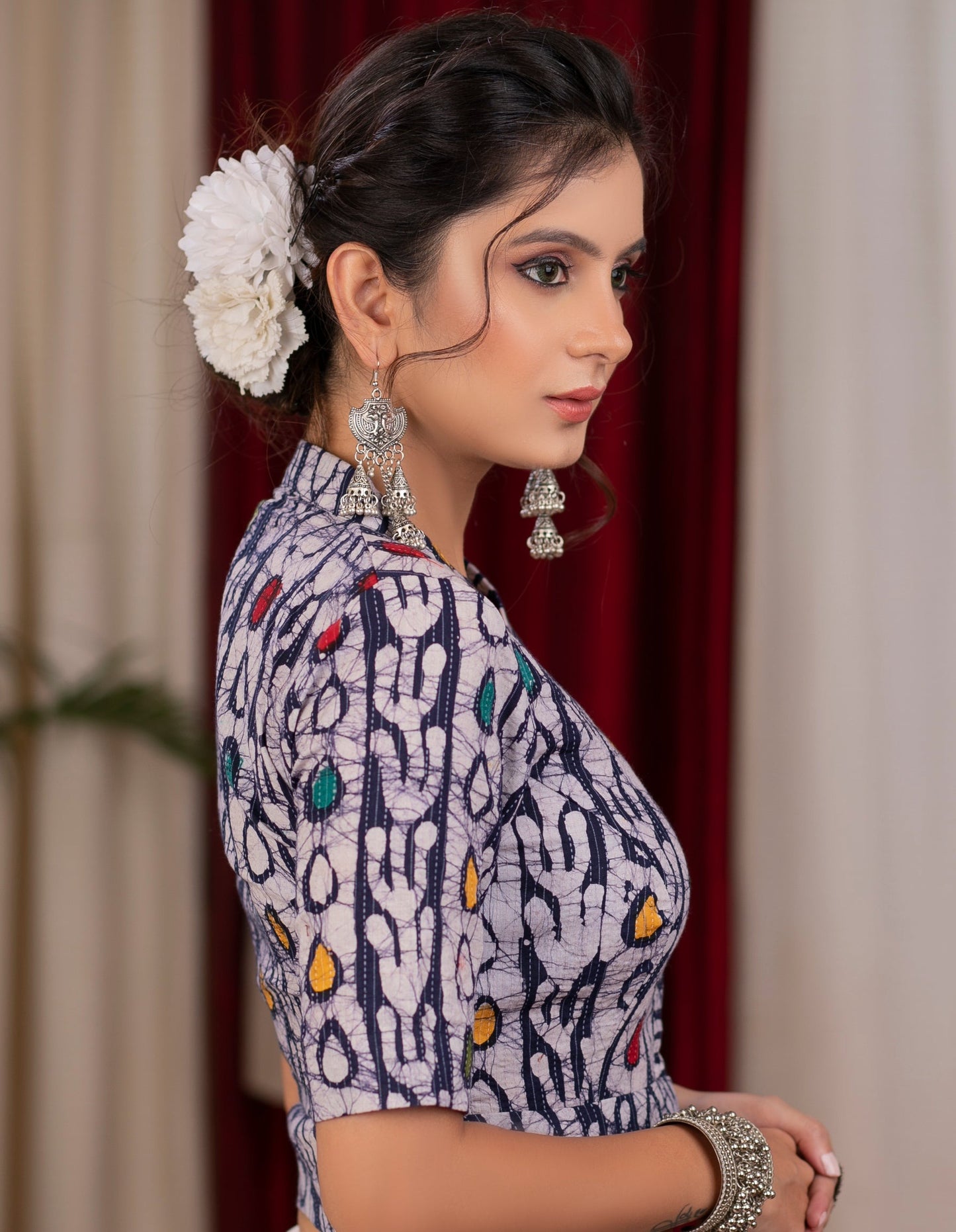 Trendy indigo katha line work blouse with collar neck