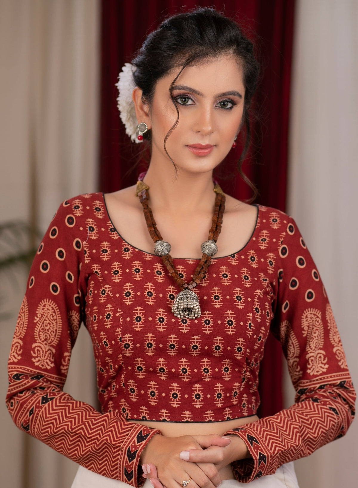 Dussehra Sale — Beautiful maroon ajrakh full sleeve blouse