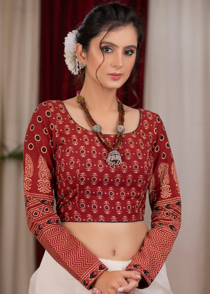 Beautiful maroon ajrakh full sleeve blouse