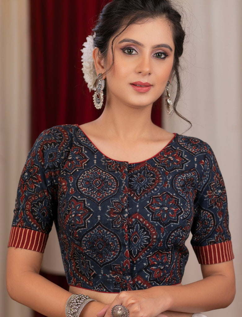 Beautiful navy and maroon ajrakh blouse with stripes combination