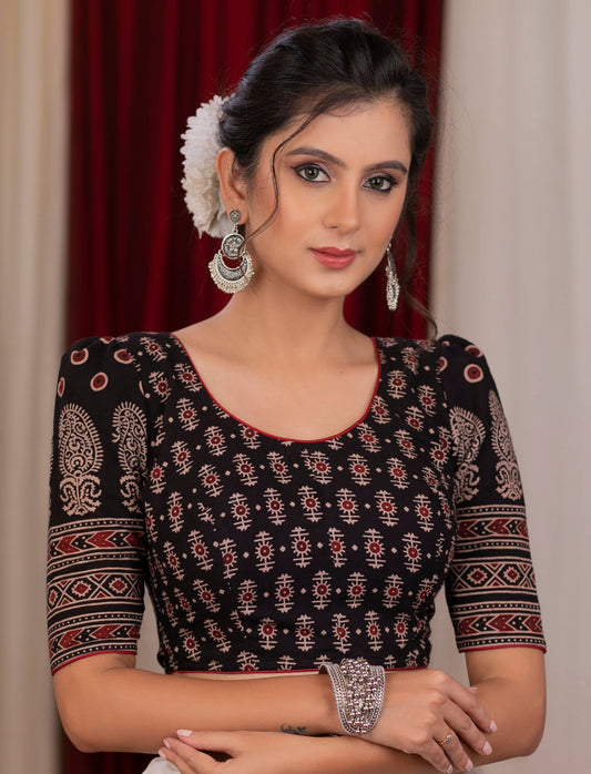 Black ajrakh blouse with puff paisley motifs on sleeves