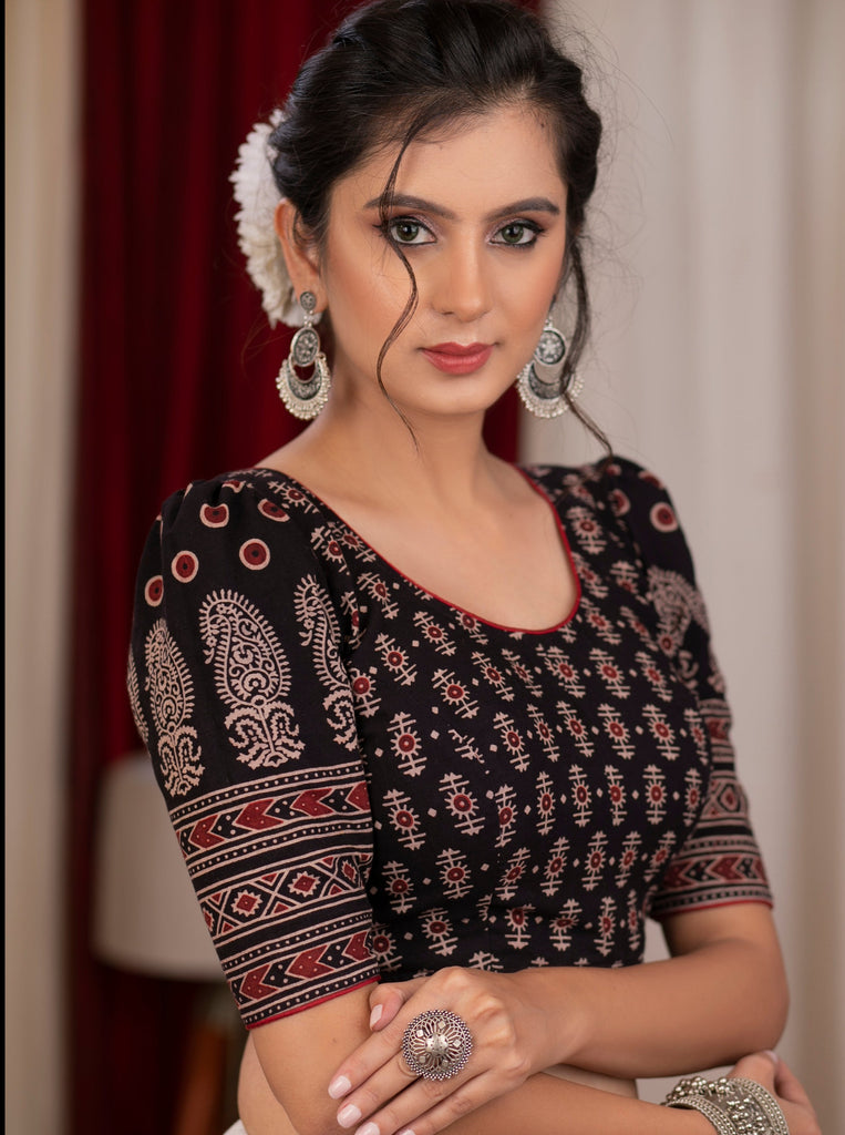 Black ajrakh blouse with puff paisely motifs on sleeves