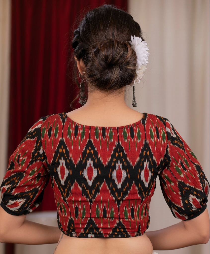 Beautiful black and red ikat combination puff sleeve blouse