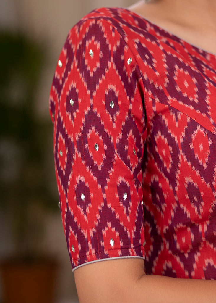 Exclusive Red and magenta ikat blouse with minimal stonework on sleeves