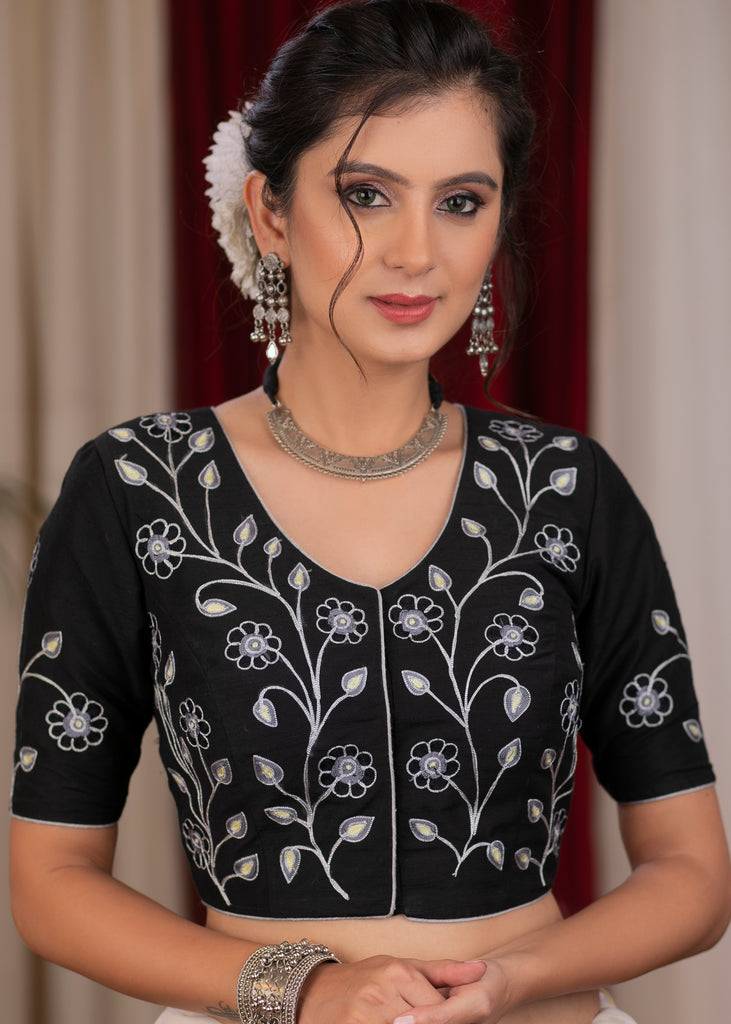 Exclusive black cotton silk blouse with overall floral embroidery