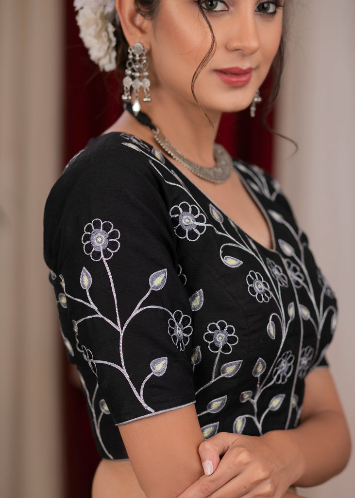 Exclusive black cotton silk blouse with overall floral embroidery
