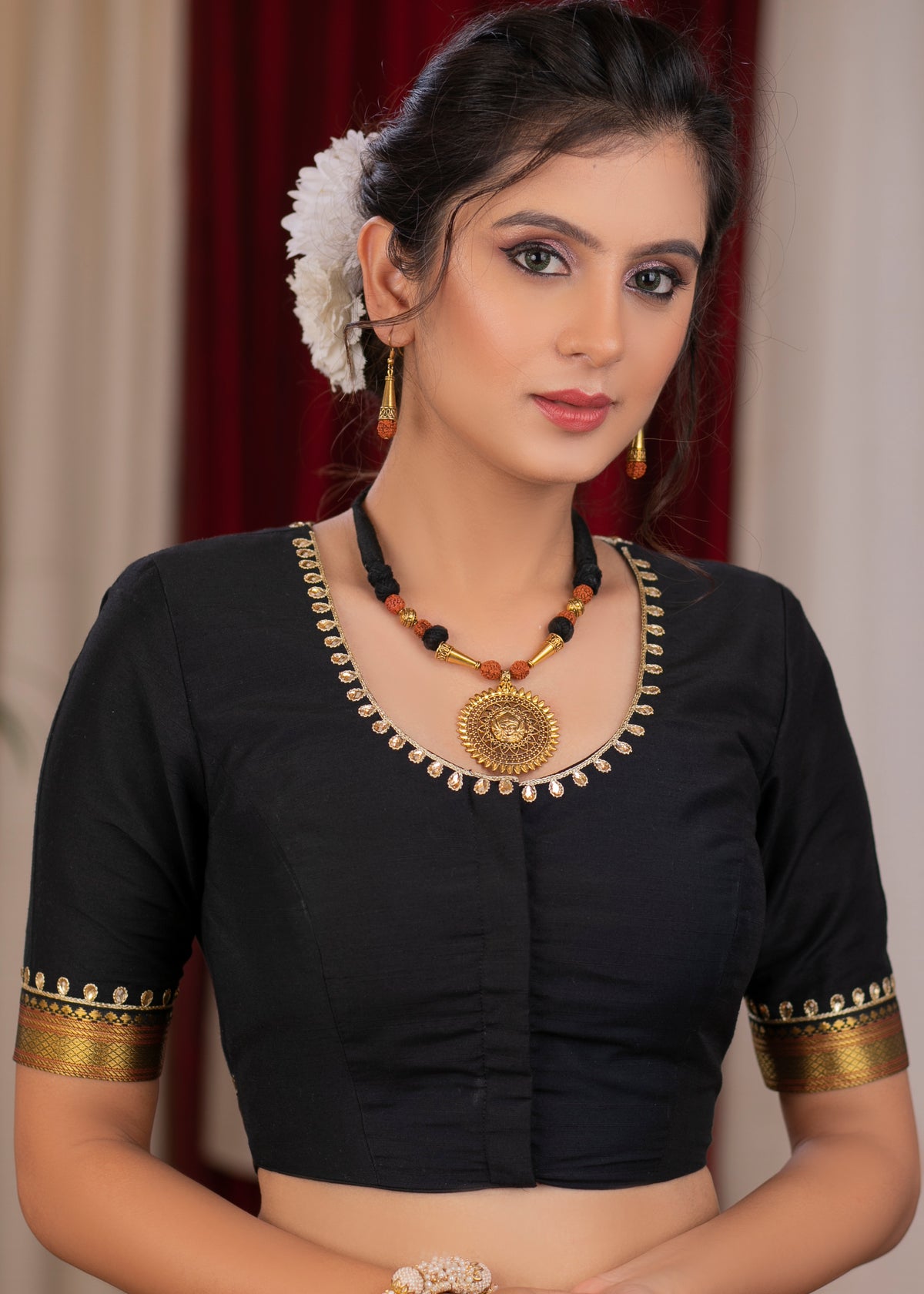 Dussehra Sale — Exclusive black cotton silk blouse with overall hand embroidered madhubani motif