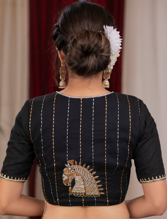 Exclusive Black Kala Ghoda blouse with glass beads and thread embroidery floss
