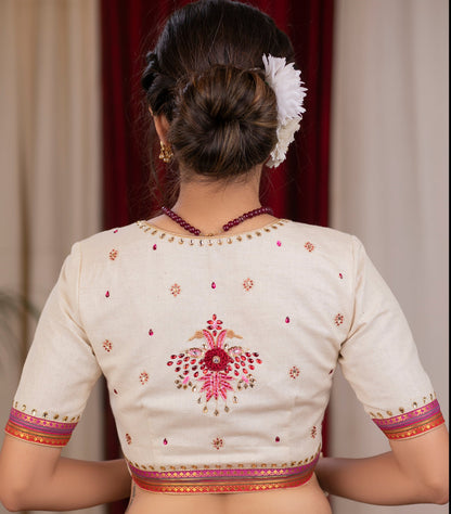 Elegant ivory cotton blouse with overall hand embroidered madhubani motif