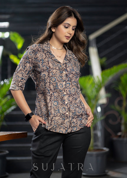 Trendy Kalamkari Print Cotton Collared Shirt with Wooden Buttons