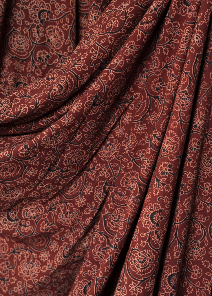 Maroon Cotton Ajrakh Fabric with Floral Print