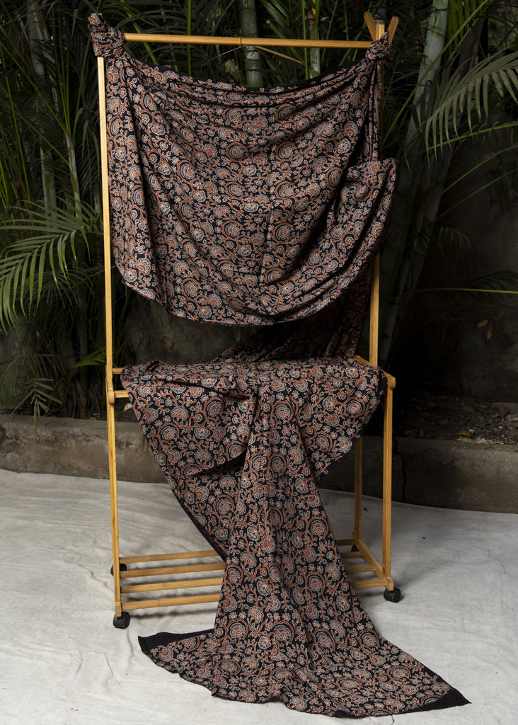 Black Cotton Ajrakh Floral Print Fabric