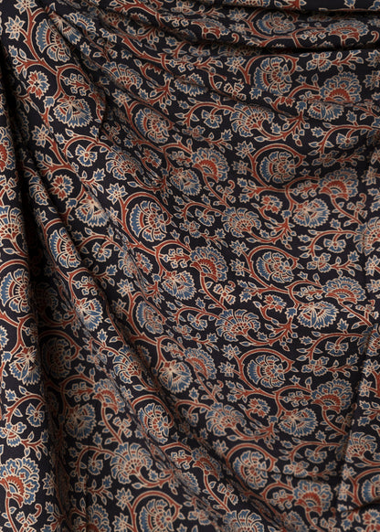 Black Cotton Ajrakh Floral Print Fabric