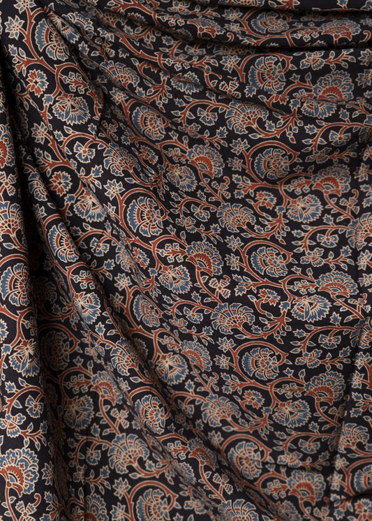 Black Cotton Ajrakh Floral Print Fabric