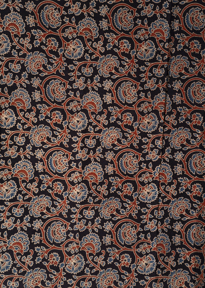 Black Cotton Ajrakh Floral Print Fabric