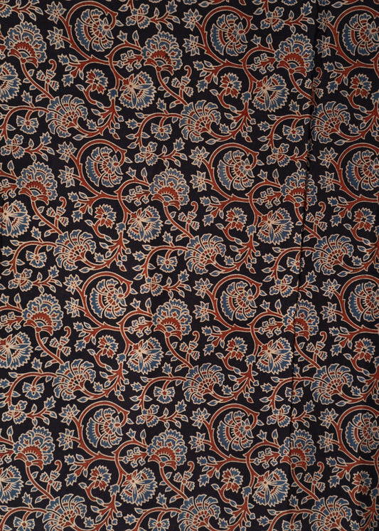 Black Cotton Ajrakh Floral Print Fabric
