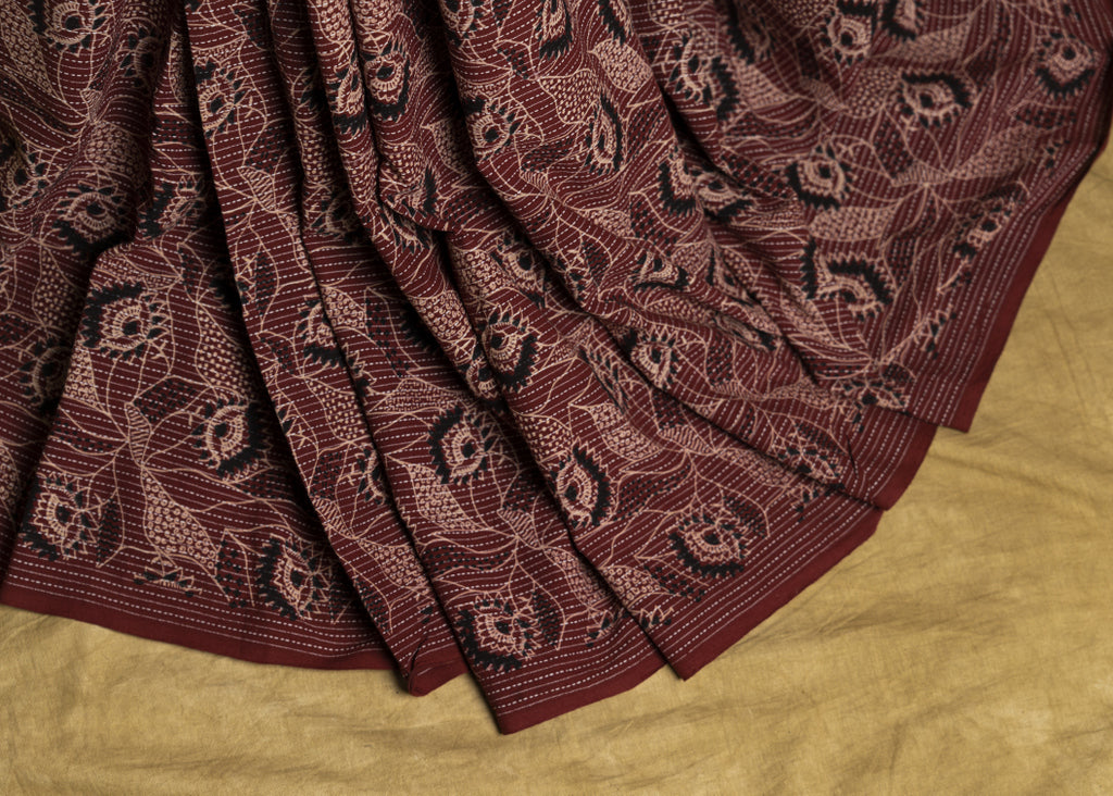 Maroon Cotton Floral Print Kantha Fabric