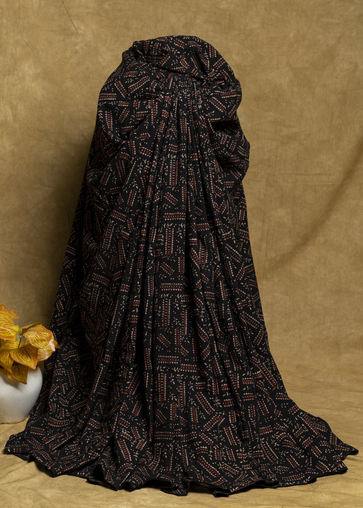 Black Cotton Ajrakh Geometric Print Fabric