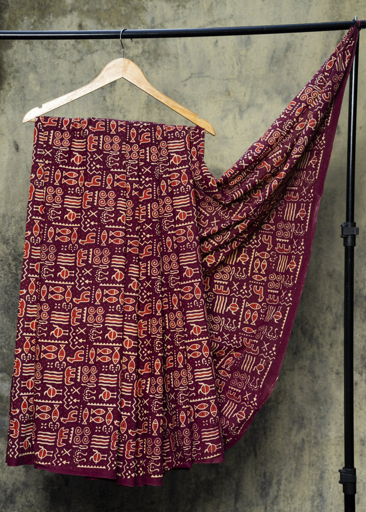 Animal Print Wine Cotton Ajrakh Fabric