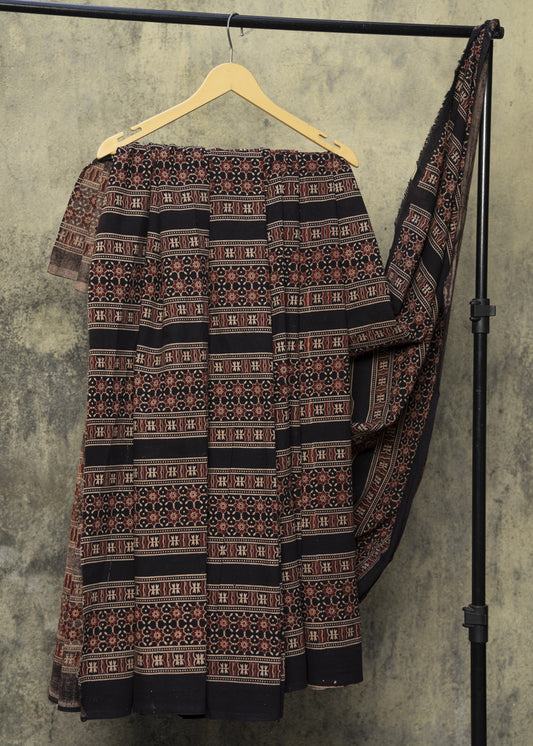 Black Linear Geometric Print Cotton Ajrakh Fabric