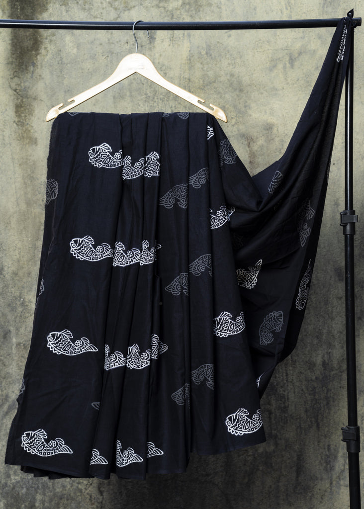 Black Printed Cotton Fabric with Fish Motif