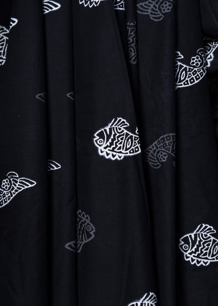 Black Printed Cotton Fabric with Fish Motif
