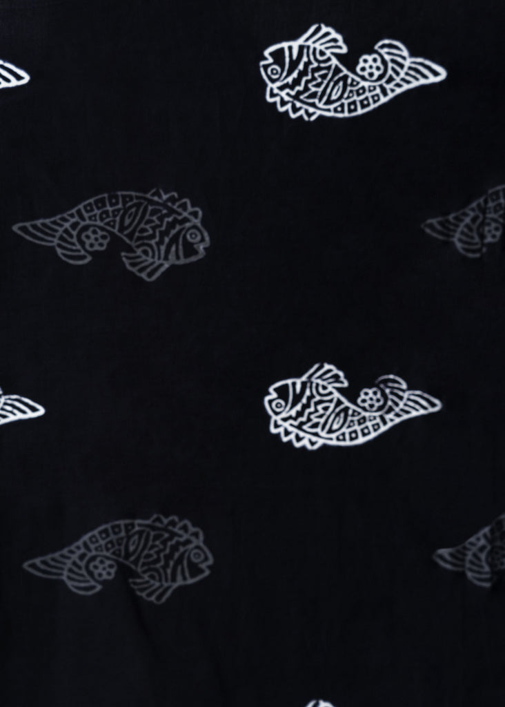 Black Printed Cotton Fabric with Fish Motif