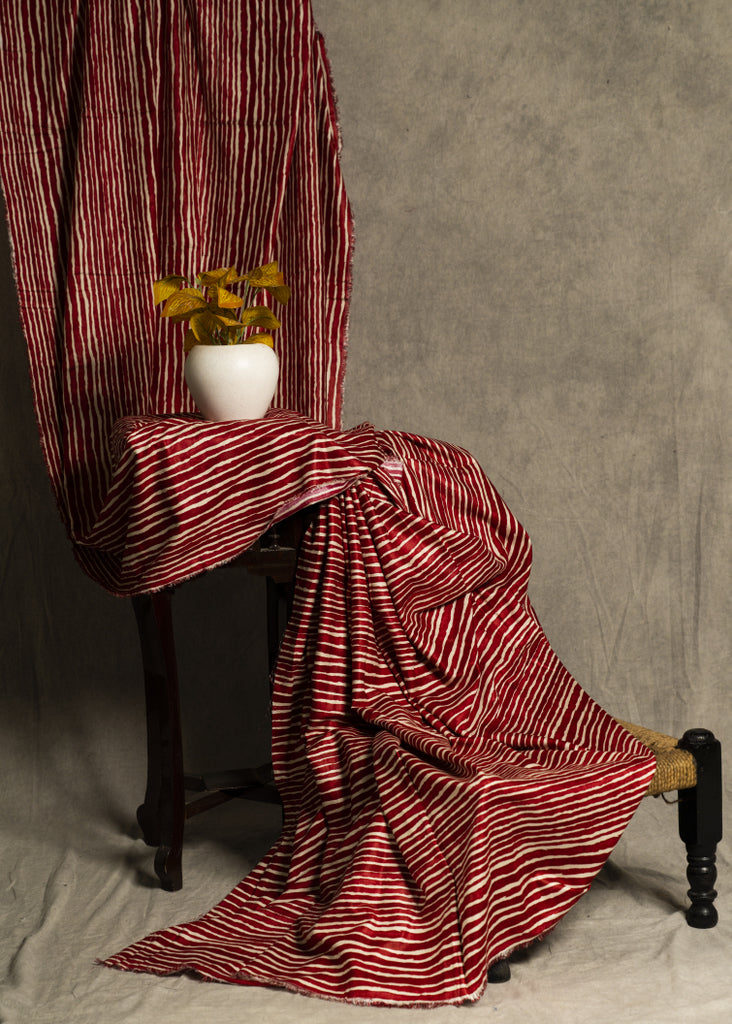 Red - Off-white Line Blended Cotton Print Fabric