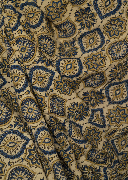 Mughal Print Off White Cotton Ajrakh Fabric
