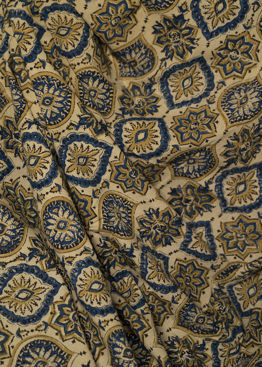 Mughal Print Off White Cotton Ajrakh Fabric