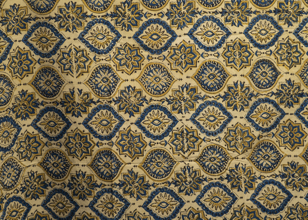 Mughal Print Off White Cotton Ajrakh Fabric