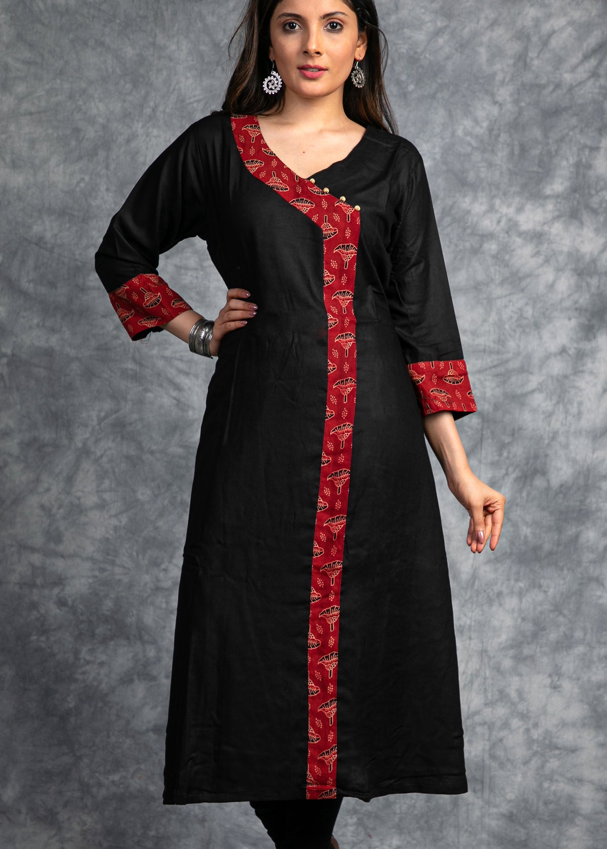Dussehra Sale — Black Cotton Silk Kurti with Ajrakh combination