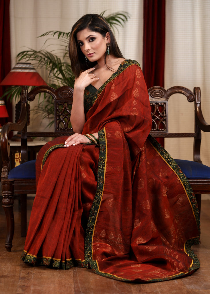 Rust bengal handloom jamdani cotton saree with Ajrakh border