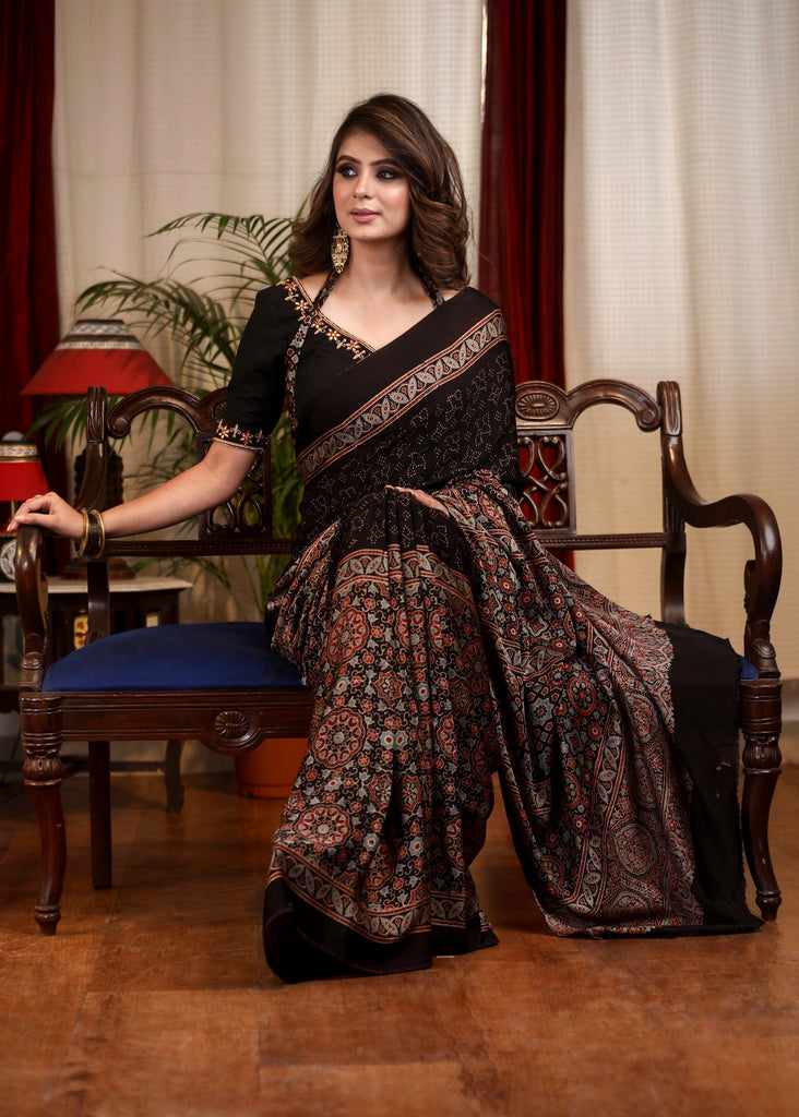 Exclusive block printed black modal silk saree