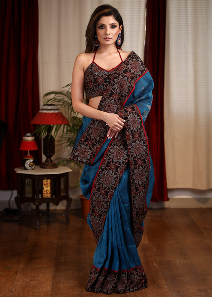 Blue handloom cotton jamdani saree with Ajrakh border