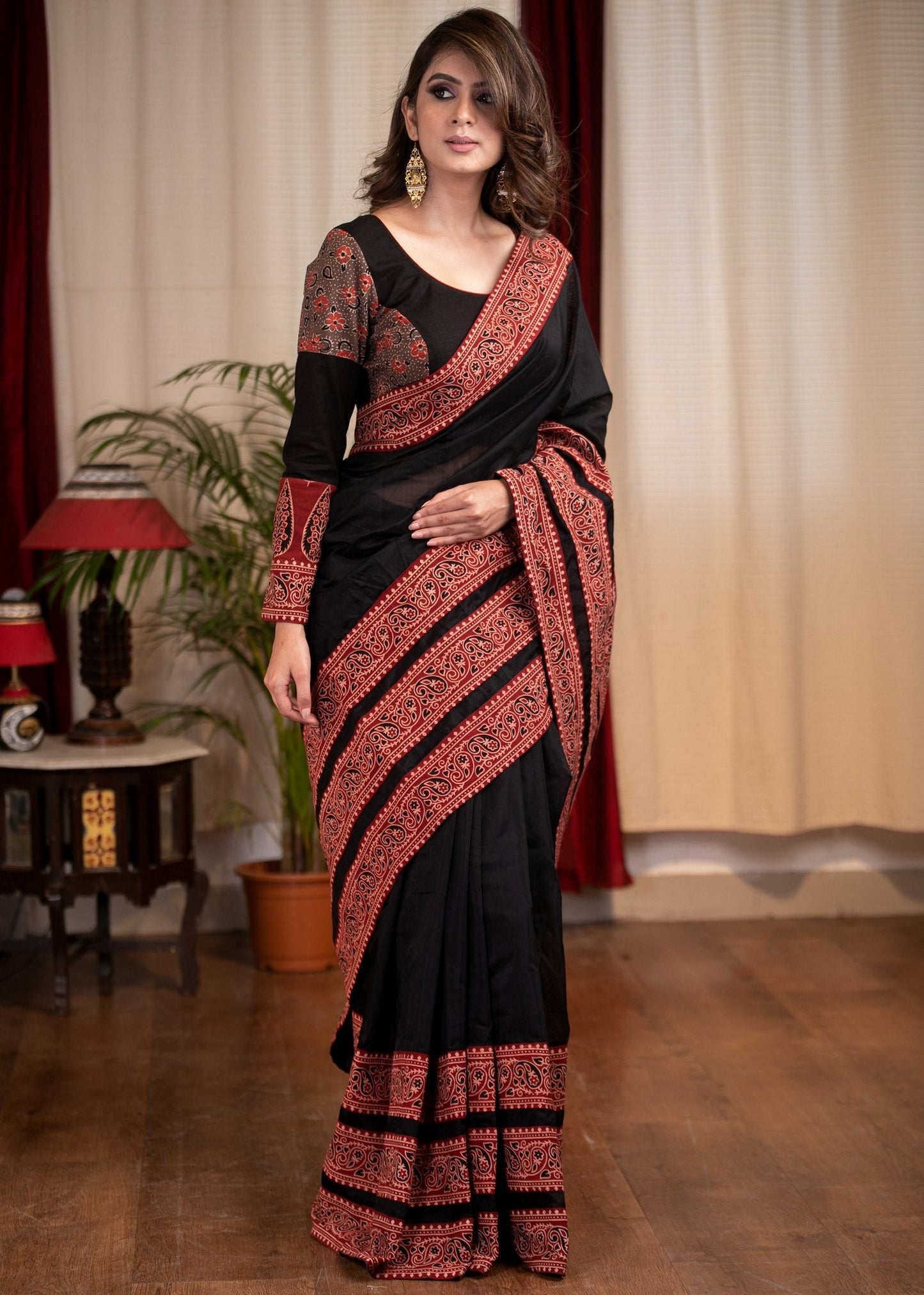 Exclusive Black chanderi saree with Ajrakh border combination