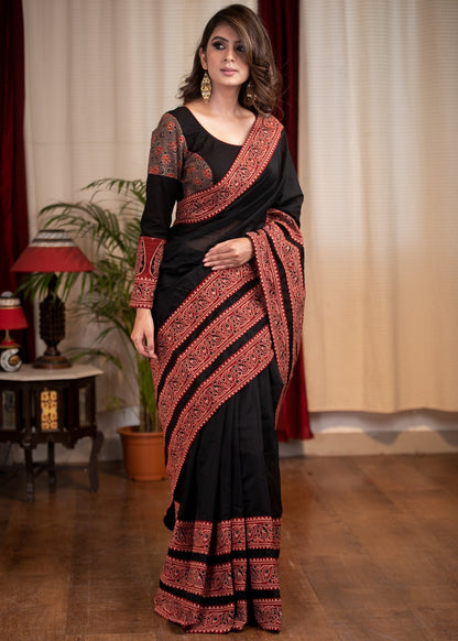 Exclusive Black chanderi saree with Ajrakh border combination