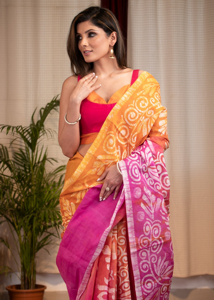 Pink & orange dyed exclusive hand batik cotton saree