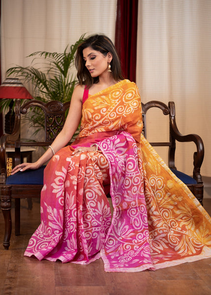 Pink & orange dyed exclusive hand batik cotton saree