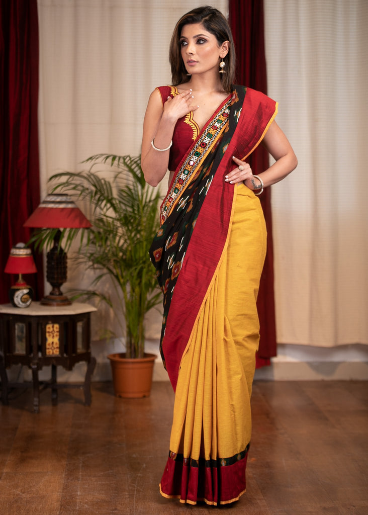 Exclusive ikat saree with hand embroidery with mustard handloom cotton pleats & mirror work border