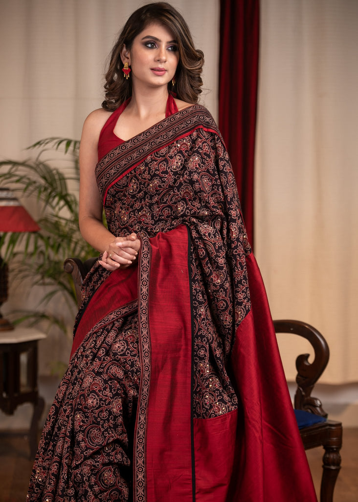 Black Ajrakh saree with exclusive stone embellishments