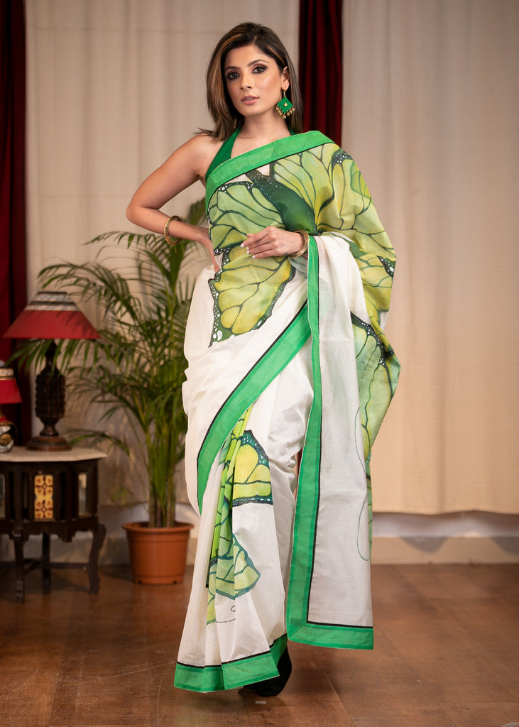 White Chanderi saree with exclusive hand painted abstract butterfly motif